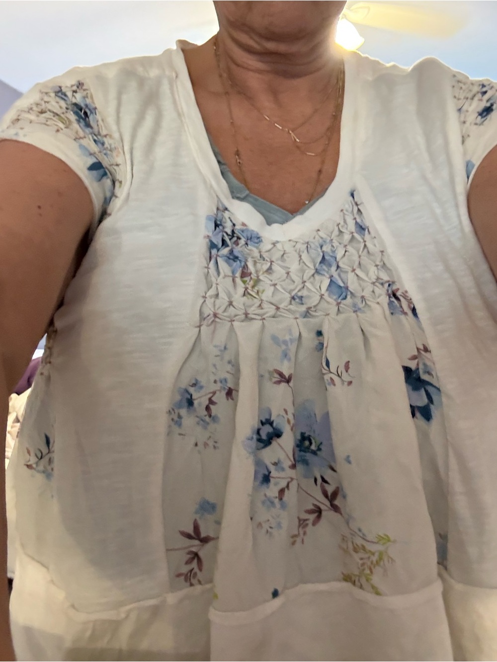 Anthropologie Cream Tunic with Blue Floral Crochet Accents